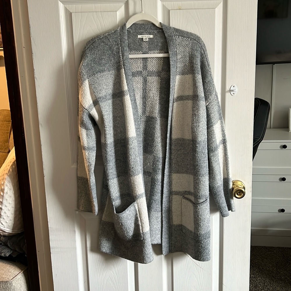 Gray and White American Eagle Pocket Cardigan